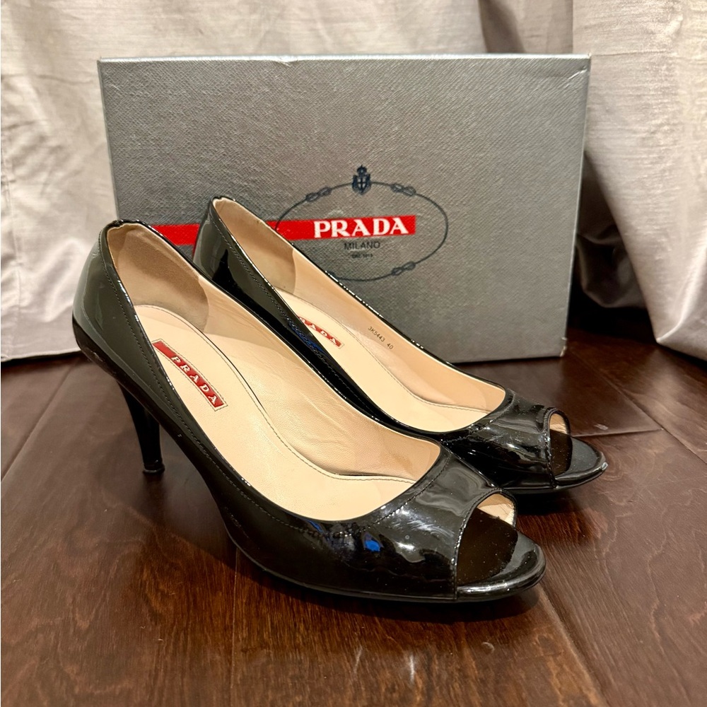 Prada Linea Rossa Black Patent Leather Open-Toe Heels